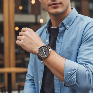 Man wearing Tommy Hilfiger classic silver and brown leather watch for a sophisticated and elegant everyday look