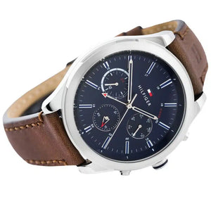 Left side perspective of the Tommy Hilfiger 1791741 blue dial and brown leather strap