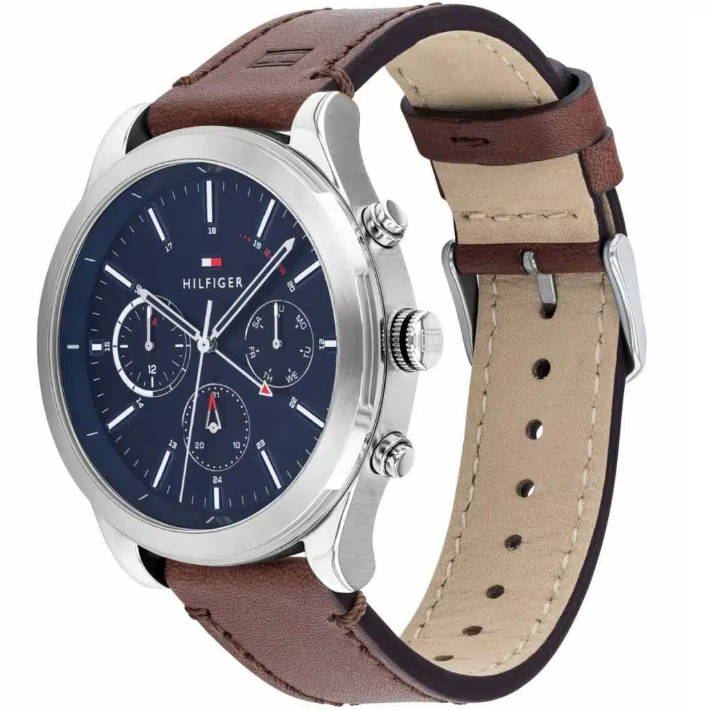 Angled view of the Tommy Hilfiger 1791741 highlighting the polished silver stainless steel case