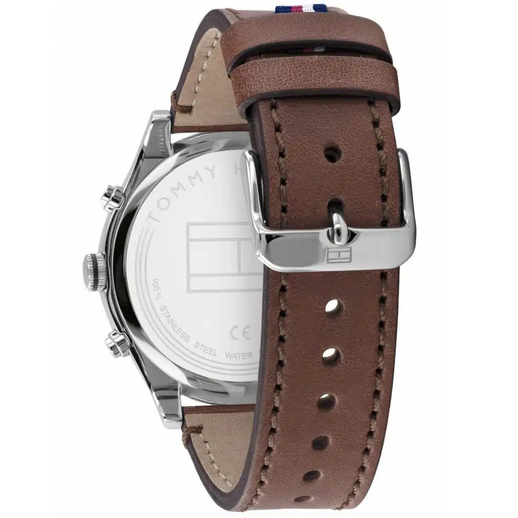 Silver-tone buckle on the genuine brown leather strap of the Tommy Hilfiger 1791741