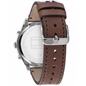 Silver-tone buckle on the genuine brown leather strap of the Tommy Hilfiger 1791741