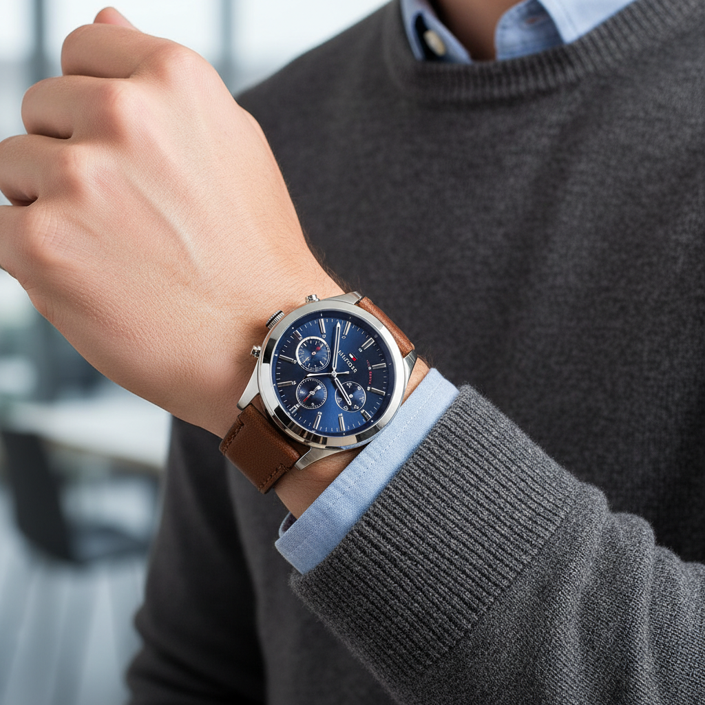 Male model wearing Tommy Hilfiger 1791741 silver watch with a casual outfit
