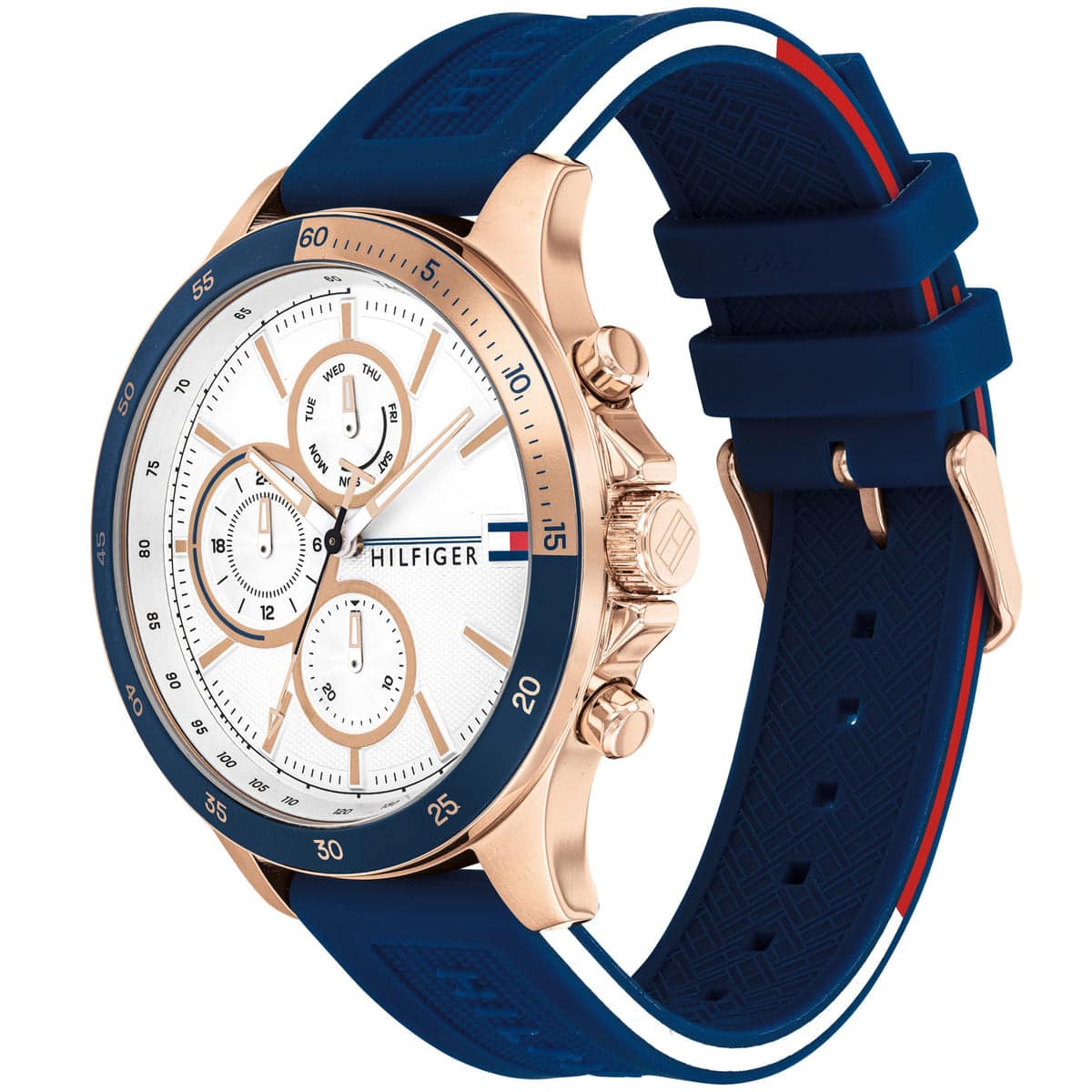 Angled view of Tommy Hilfiger 1791778 highlighting the bold blue tachymeter bezel and gold-tone case