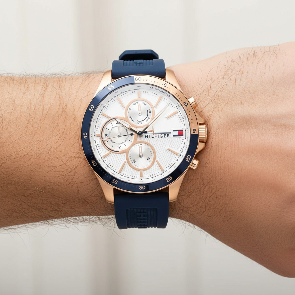 Close up shot of Tommy Hilfiger 1791778 on wrist showing the white dial with gold-tone sub-dials and accents