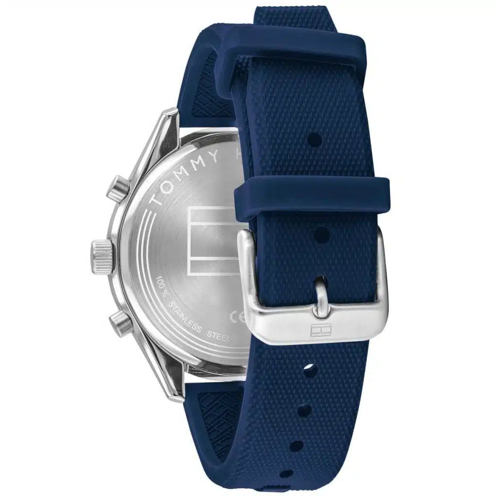 Angled view of the Tommy Hilfiger 1791781 highlighting the polished silver stainless steel case