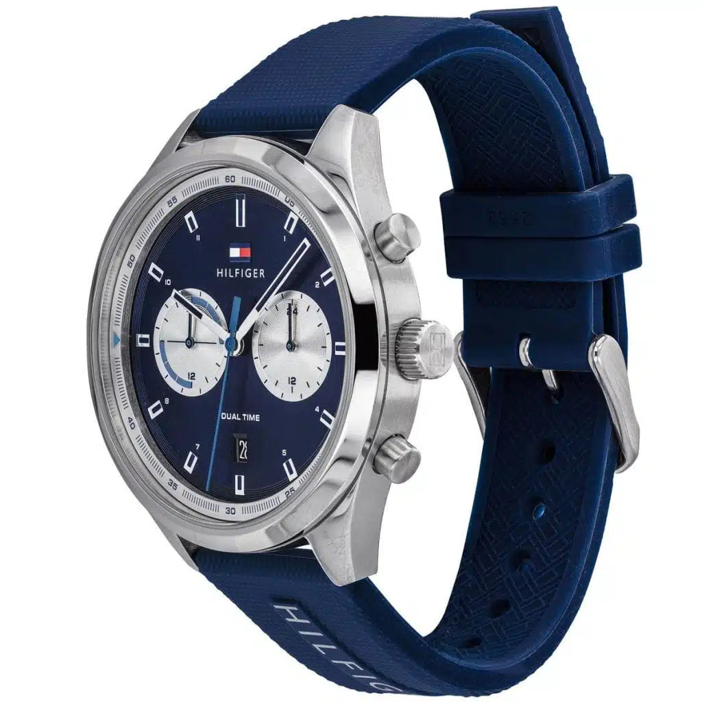 Angled view of the Tommy Hilfiger 1791781 highlighting the polished silver stainless steel case