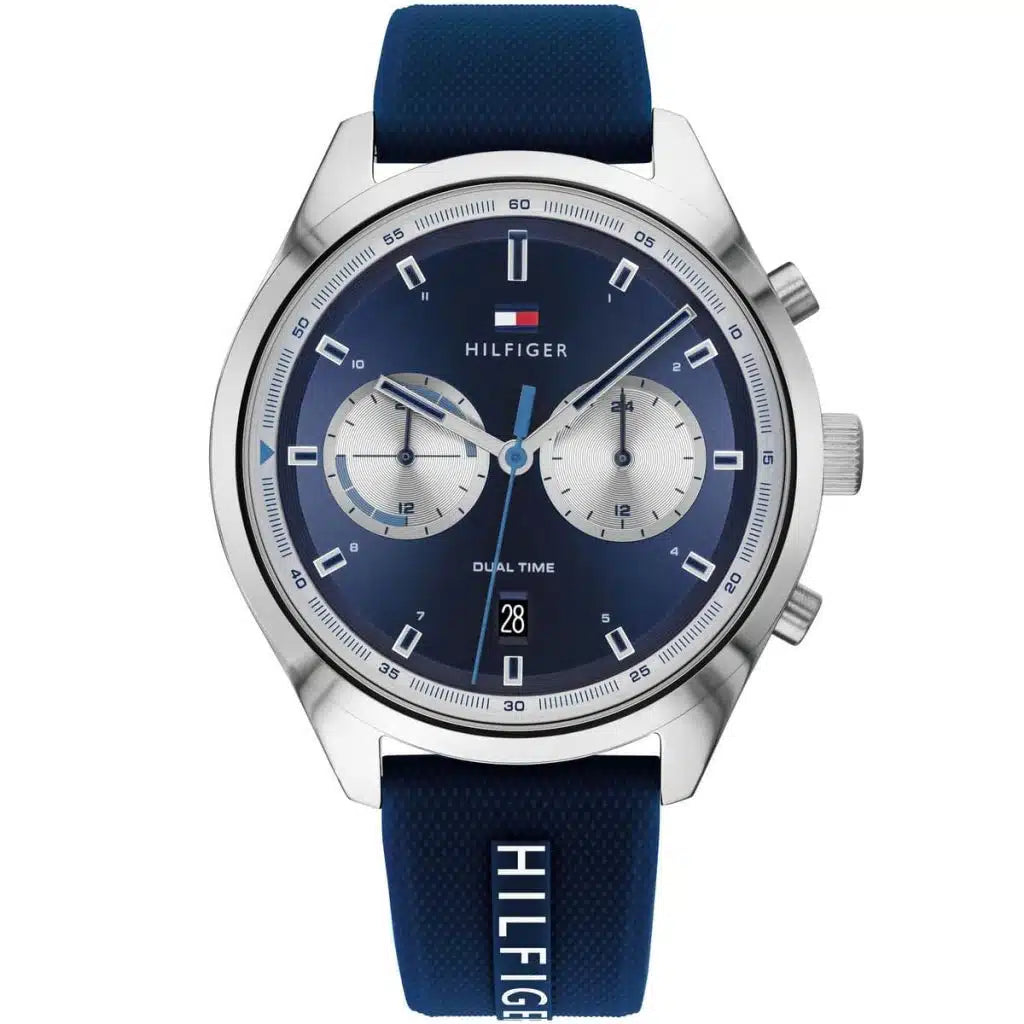 Tommy Hilfiger Bennett 1791781 men's watch with silver case blue dual-time dial and blue silicone strap