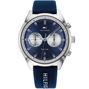 Tommy Hilfiger Bennett 1791781 men's watch with silver case blue dual-time dial and blue silicone strap