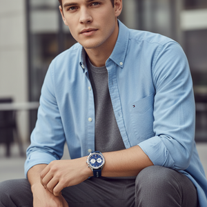 Male model wearing Tommy Hilfiger 1791781 silver watch with a casual travel outfit