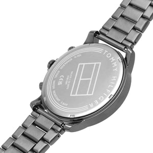 Left side perspective of the Tommy Hilfiger 1791796 blue dial and gunmetal bracelet