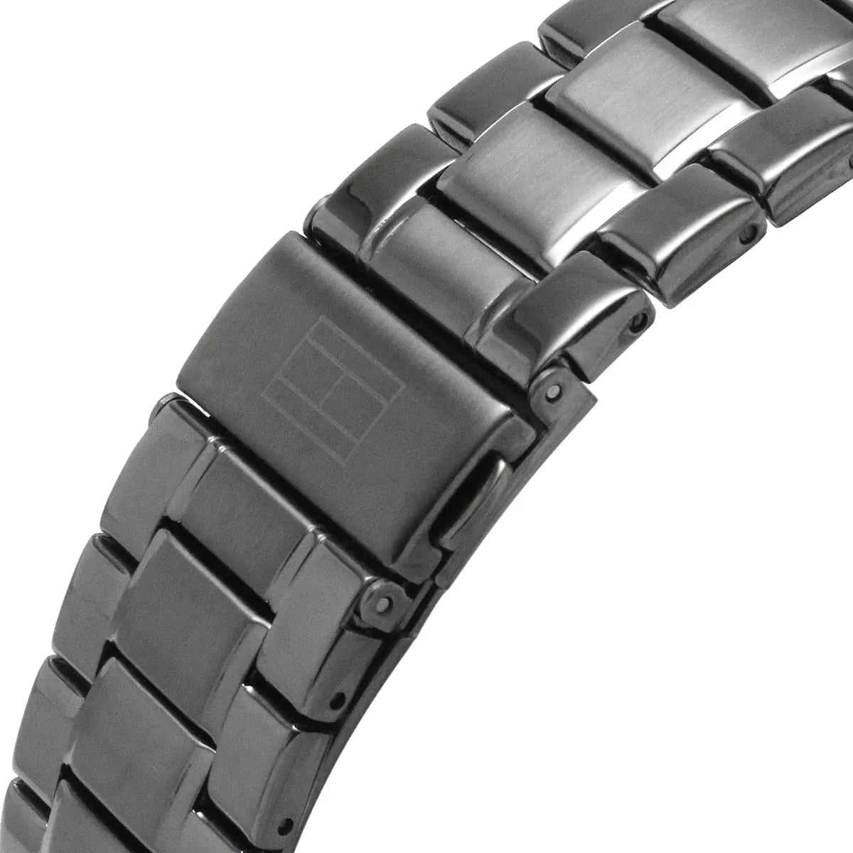 Detailed side view of the gunmetal crown and pushers on the Tommy Hilfiger 1791796