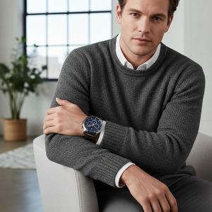 Male model wearing Tommy Hilfiger 1791796 gunmetal watch with a modern smart casual outfit
