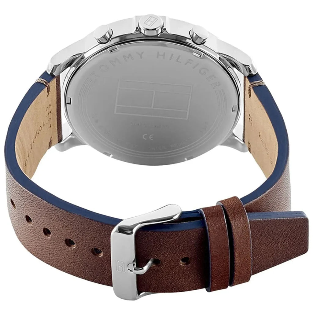 Left side perspective of the Tommy Hilfiger 1791797 blue dial and brown leather strap