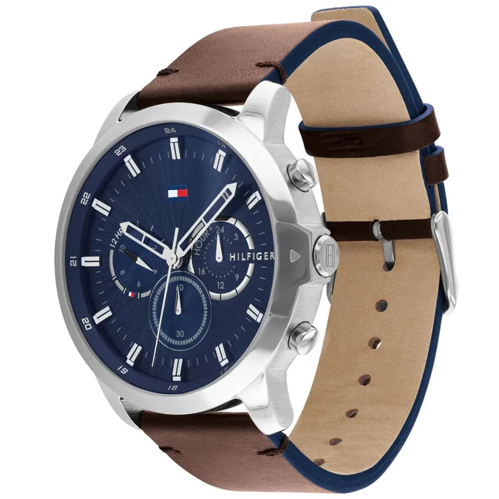Angled view of the Tommy Hilfiger 1791797 highlighting the polished silver stainless steel case