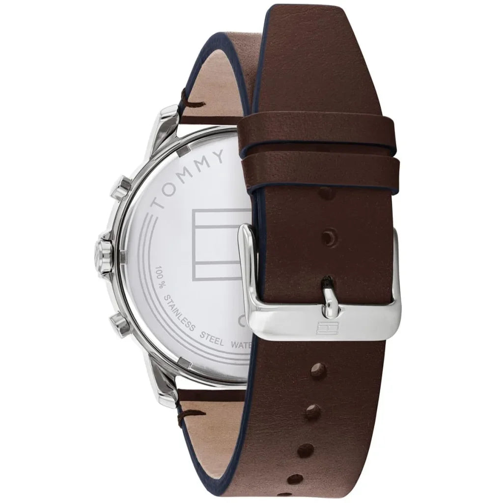 Silver-tone buckle on the genuine brown leather strap of the Tommy Hilfiger 1791797