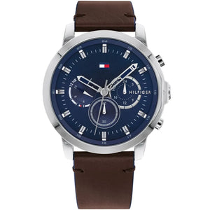 Tommy Hilfiger Jameson 1791797 men's watch with silver case blue dial and brown leather strap