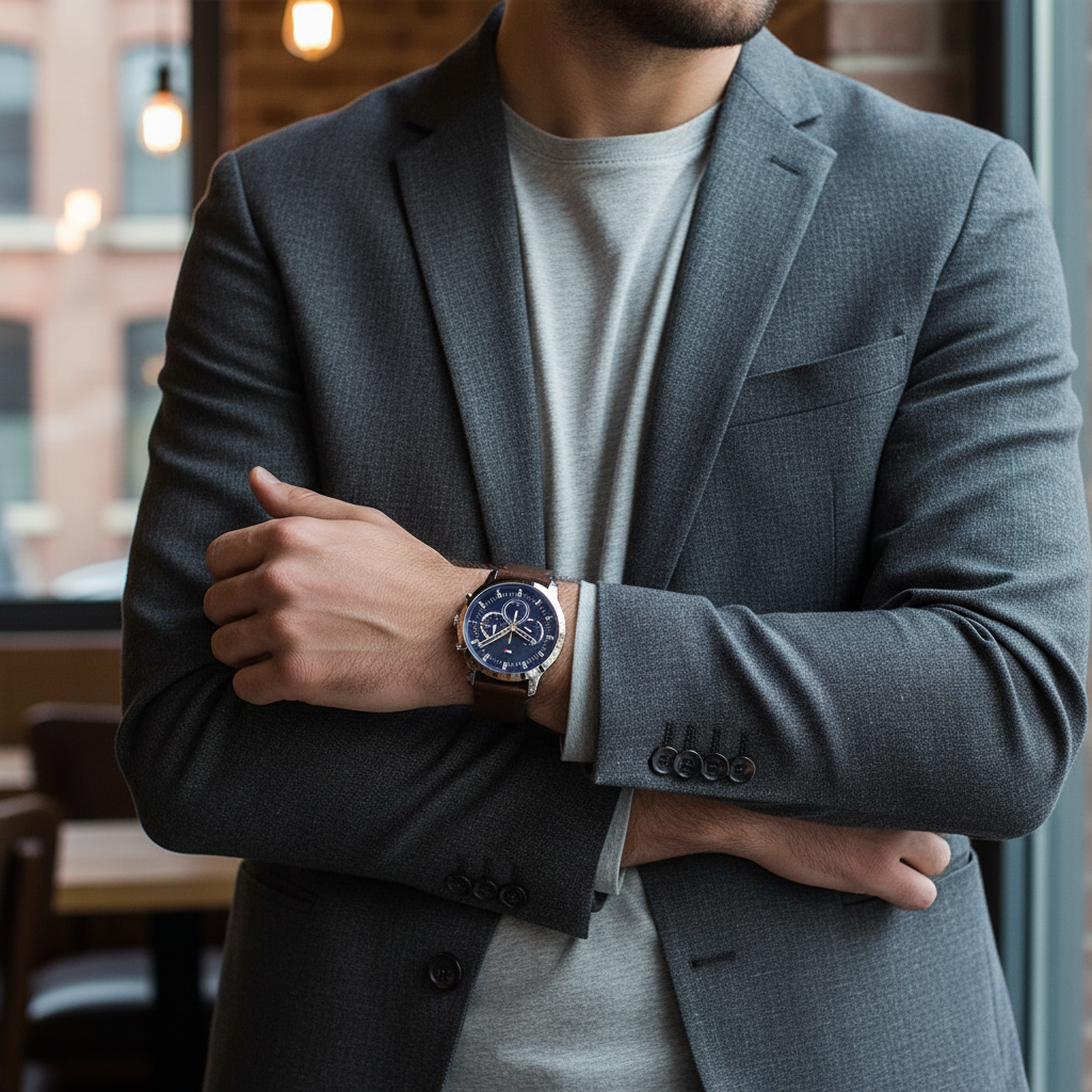Male model wearing Tommy Hilfiger 1791797 silver watch with a casual outfit
