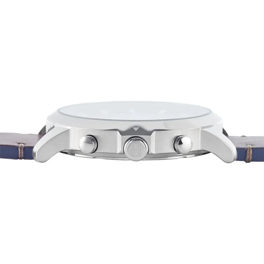 Detailed side view of the silver crown and pushers on the Tommy Hilfiger 1791797