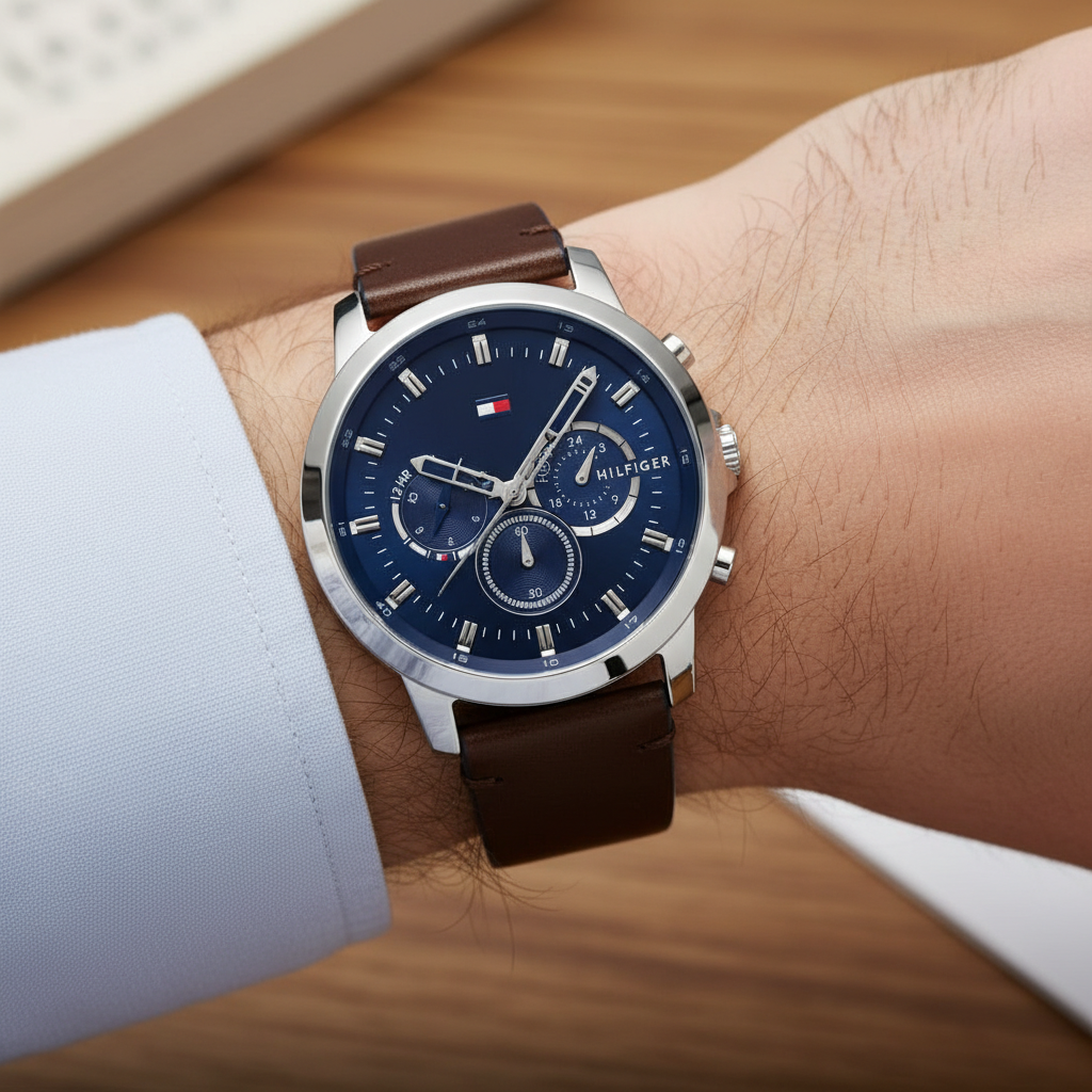 Close up shot of Tommy Hilfiger 1791797 watch on wrist showing the blue multifunction dial