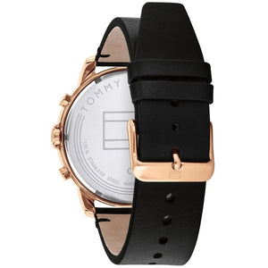 Rose gold tone buckle on the genuine black leather strap of the Tommy Hilfiger 1791798