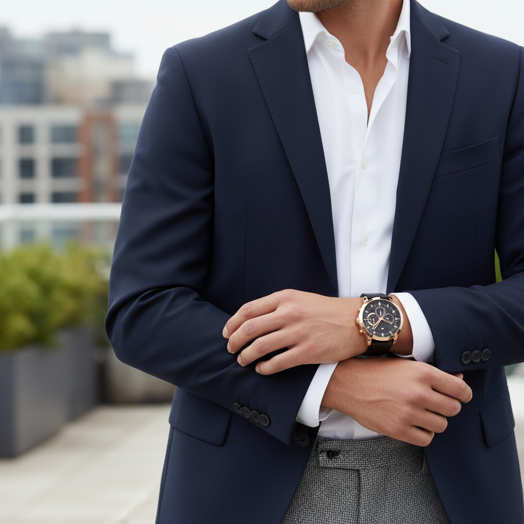 Male model wearing Tommy Hilfiger 1791798 rose gold watch with a formal suit