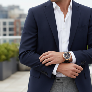 Male model wearing Tommy Hilfiger 1791798 rose gold watch with a formal suit