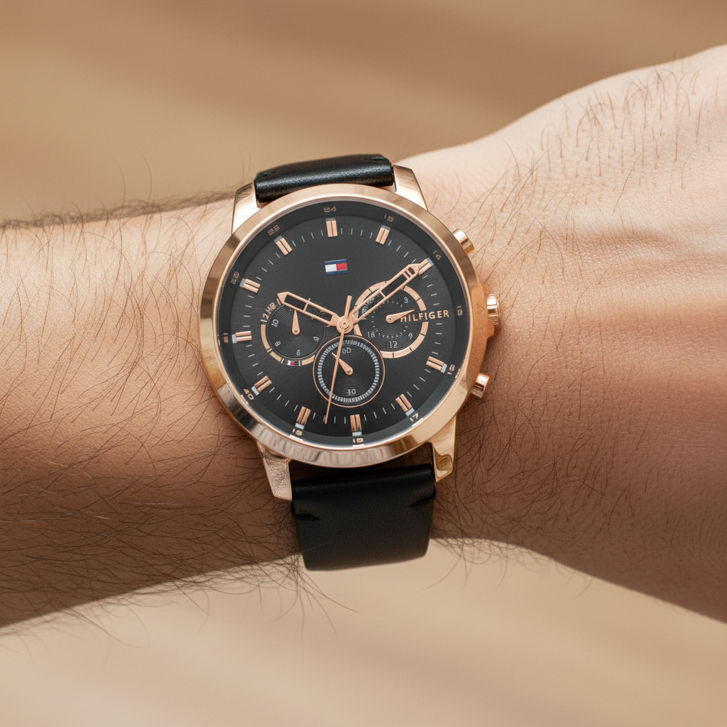 Close up shot of Tommy Hilfiger 1791798 watch on wrist showing the black multifunction dial