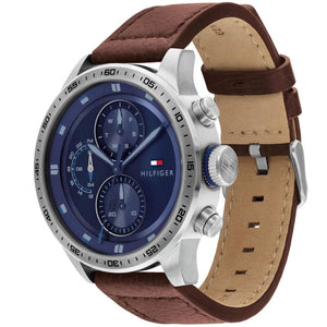Angled view of the Tommy Hilfiger 1791807 highlighting the thick silver stainless steel case