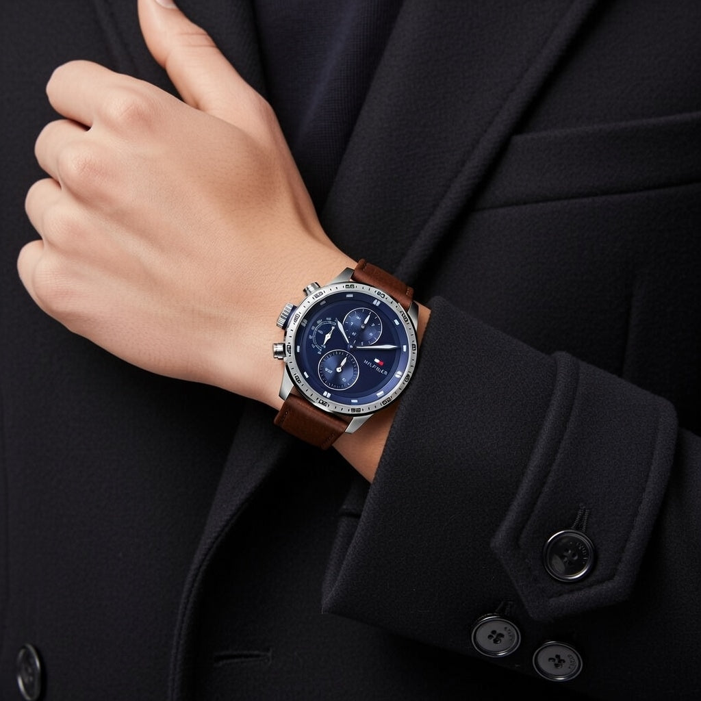 Male model wearing Tommy Hilfiger 1791807 oversized watch with a casual outfit