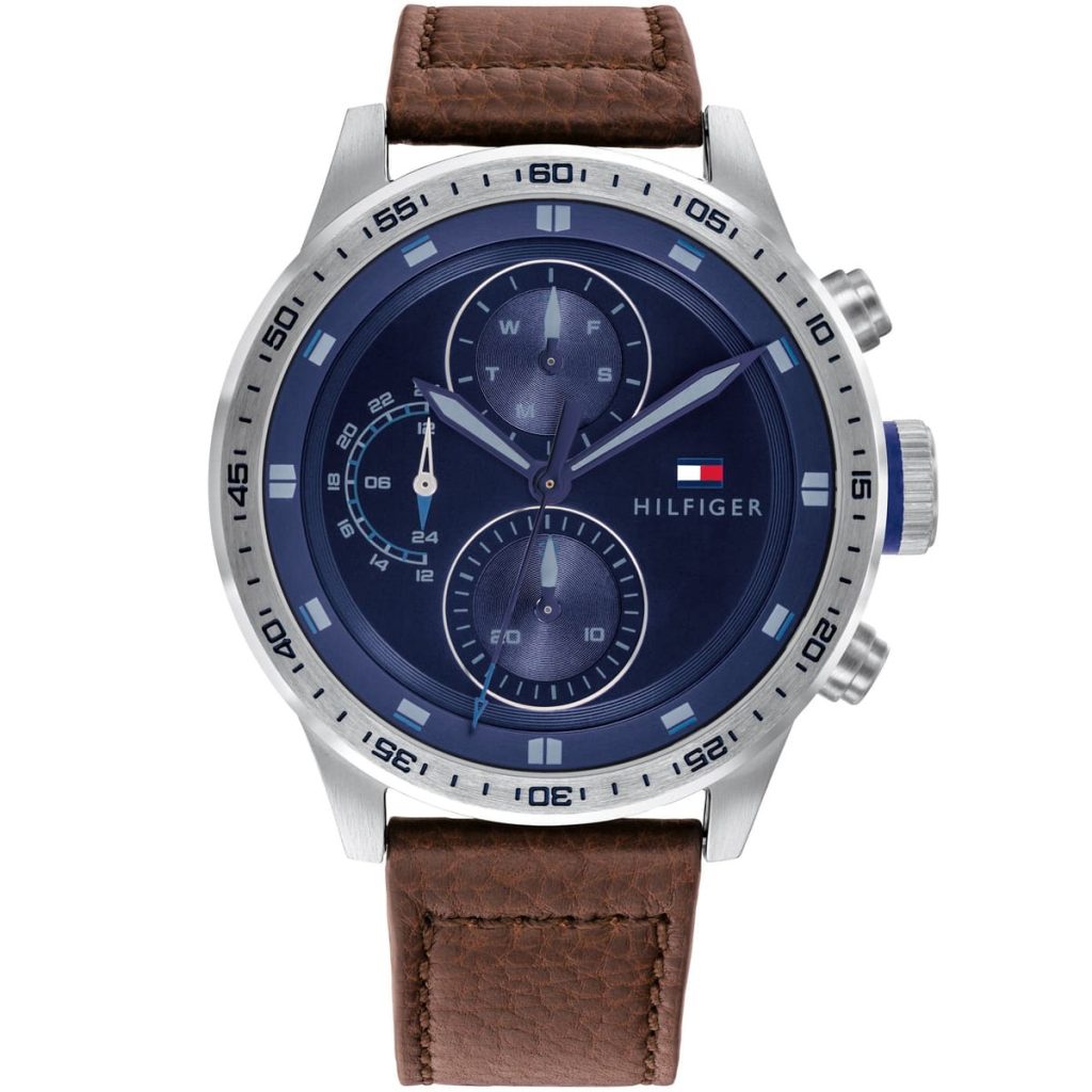 Tommy Hilfiger Trent 1791807 men's watch with large silver case blue dial and brown leather strap