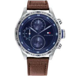 Tommy Hilfiger Trent 1791807 men's watch with large silver case blue dial and brown leather strap