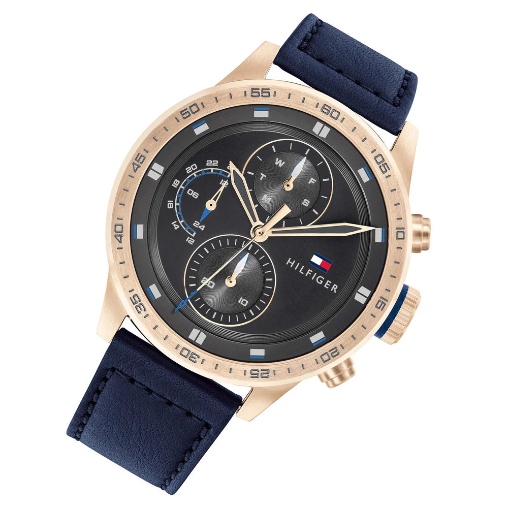 Left side perspective of the Tommy Hilfiger 1791808 grey dial and blue leather strap