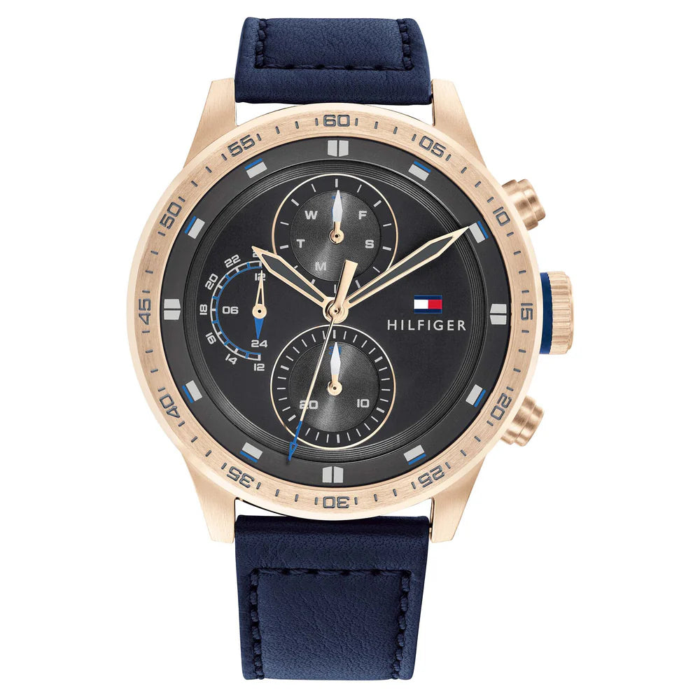 Tommy Hilfiger Trent 1791808 men's watch with rose gold case grey dial and blue leather strap