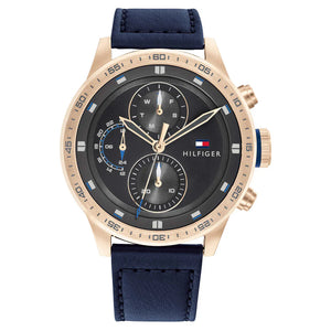 Tommy Hilfiger Trent 1791808 men's watch with rose gold case grey dial and blue leather strap