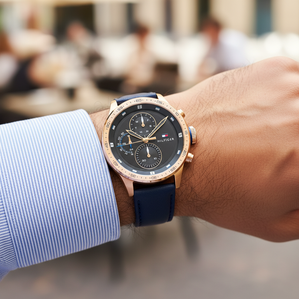 Close up shot of Tommy Hilfiger 1791808 watch on wrist showing the grey sunray dial