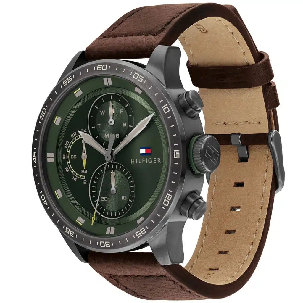 Angled view of the Tommy Hilfiger 1791809 highlighting the gunmetal grey stainless steel case