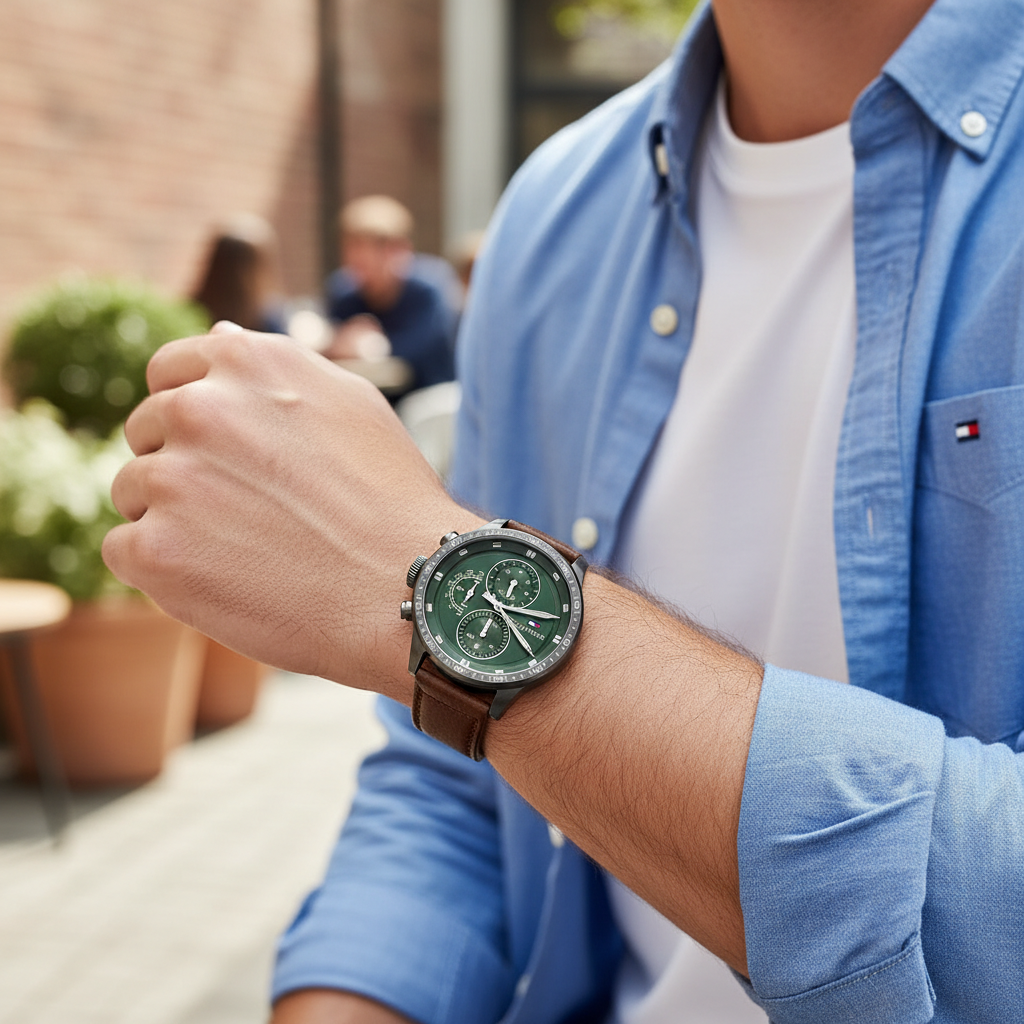 Male model wearing Tommy Hilfiger 1791809 gunmetal watch with a casual outdoor outfit
