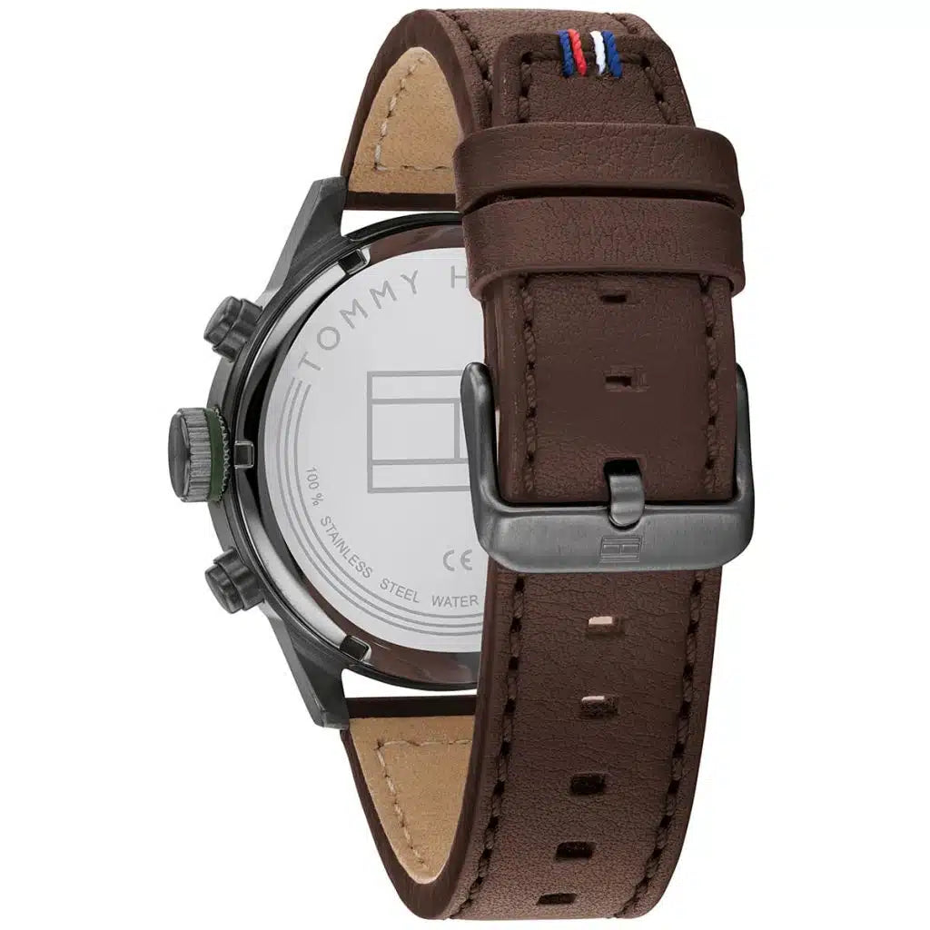Side profile view of the robust gunmetal case of the Tommy Hilfiger 1791809
