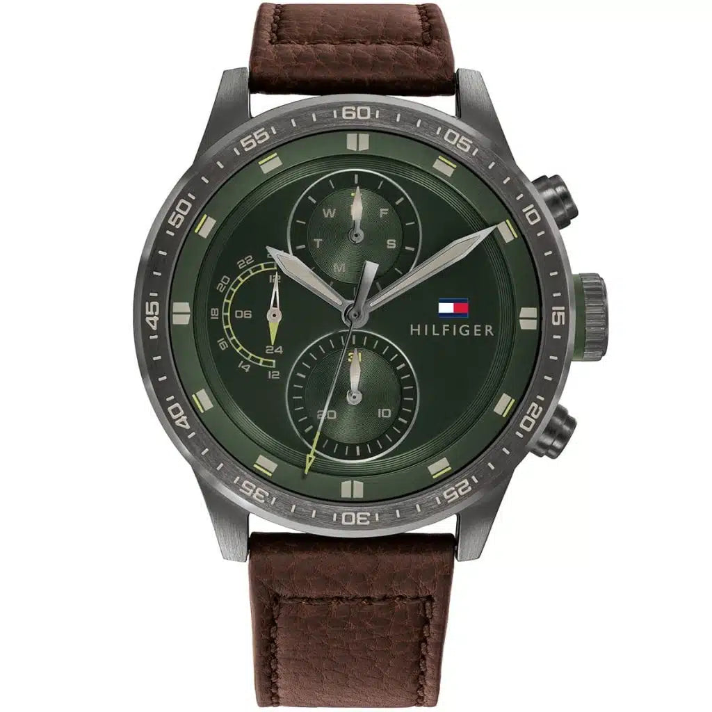 Tommy Hilfiger Trent 1791809 men's watch with gunmetal case green dial and brown leather strap