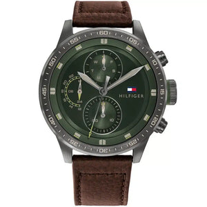 Tommy Hilfiger Trent 1791809 men's watch with gunmetal case green dial and brown leather strap