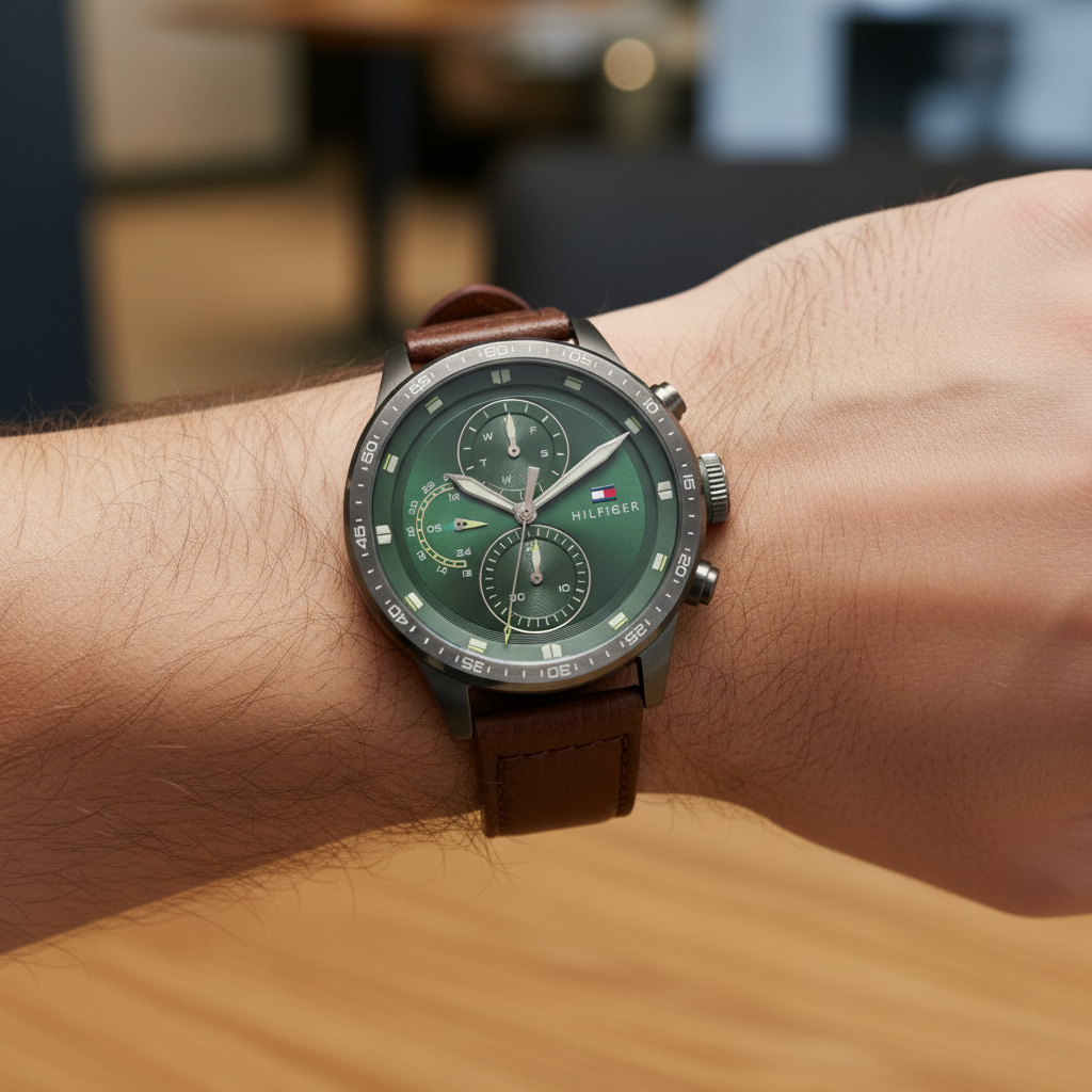 Close up shot of Tommy Hilfiger 1791809 watch on wrist showing the green military dial