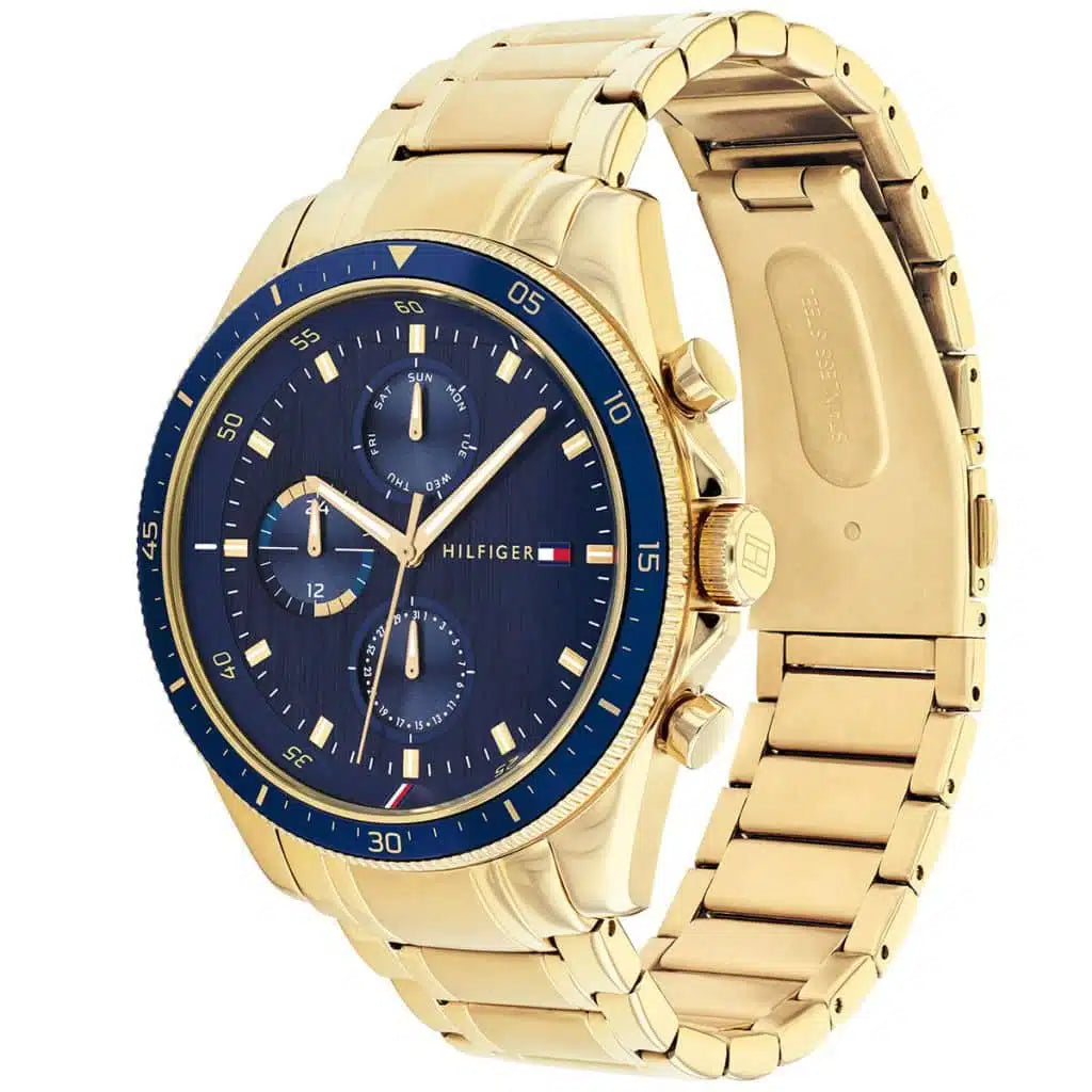 Angled view of the Tommy Hilfiger 1791834 highlighting the gold-tone stainless steel case