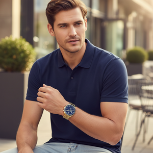 Male model wearing Tommy Hilfiger 1791834 gold watch with a smart luxury outfit