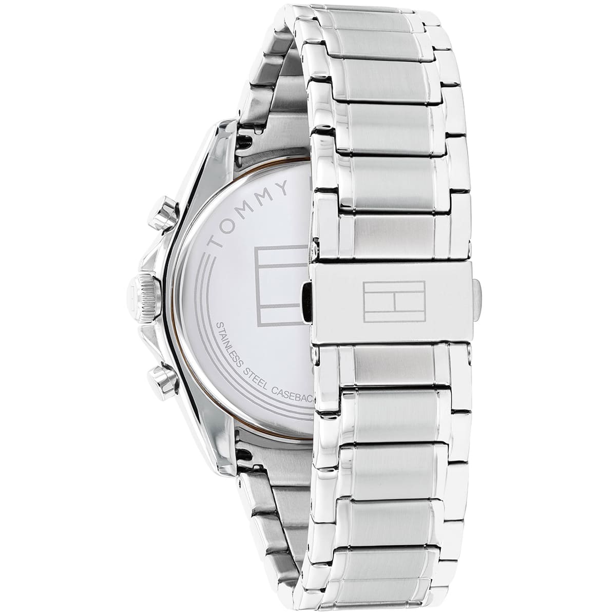 Left side perspective of the Tommy Hilfiger 1791835 black dial and silver bracelet
