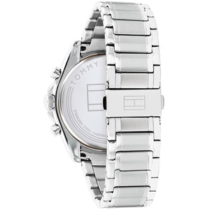 Left side perspective of the Tommy Hilfiger 1791835 black dial and silver bracelet