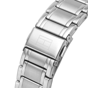 Side profile view of the polished silver case of the Tommy Hilfiger 1791835