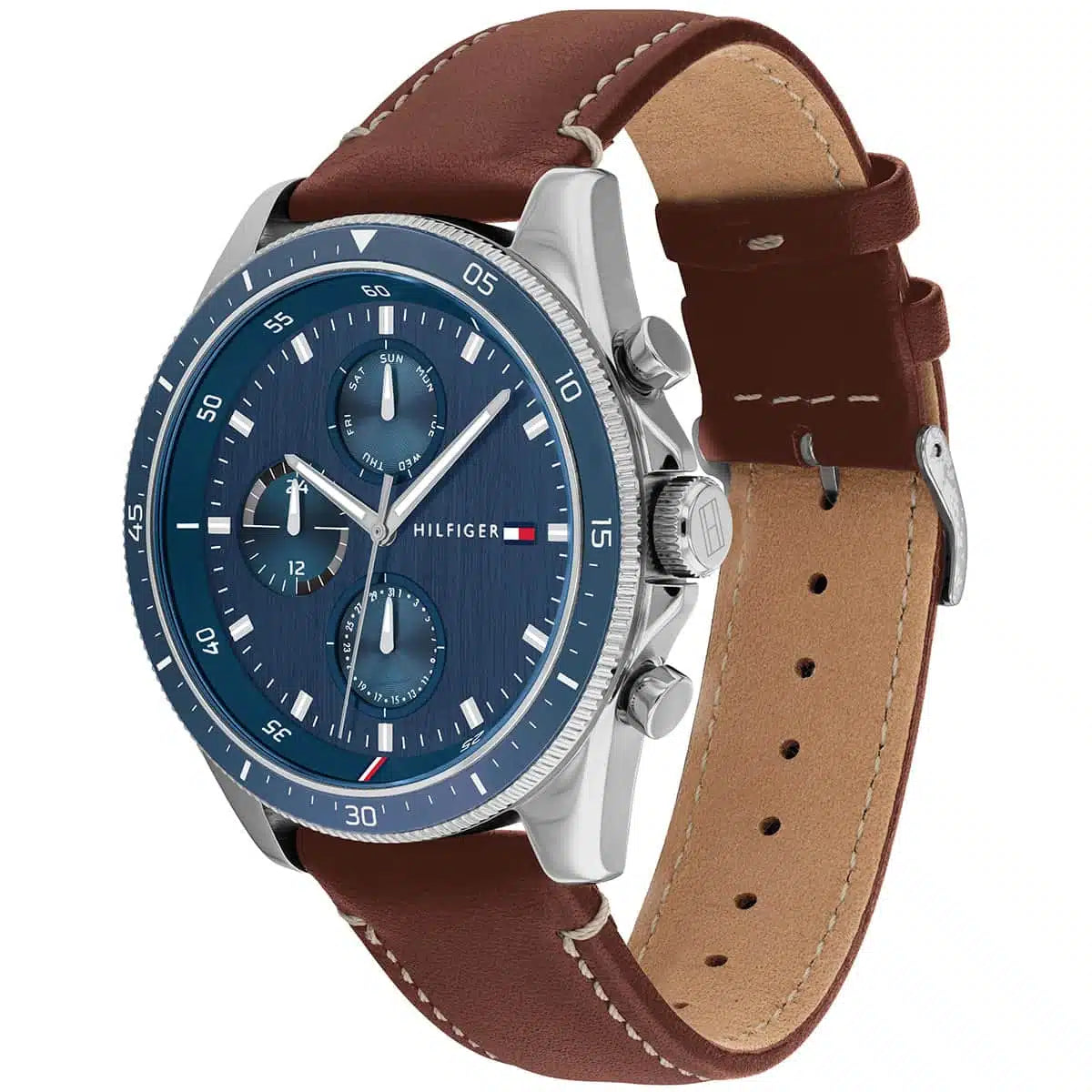Angled view of Tommy Hilfiger 1791837 highlighting the polished silver case and premium brown leather strap