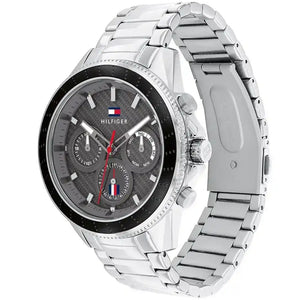 Male model wearing Tommy Hilfiger 1791857 silver watch with a casual denim outfit