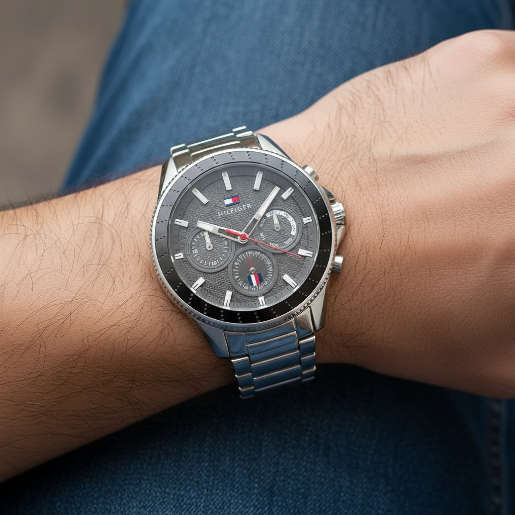 Close up shot of Tommy Hilfiger 1791857 watch on wrist showing the carbon-fiber style dial texture
