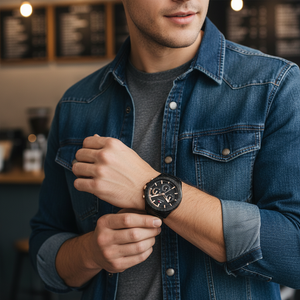 Man wearing Tommy Hilfiger Aiden black and gold metal watch for a sharp, bold, and luxurious everyday look